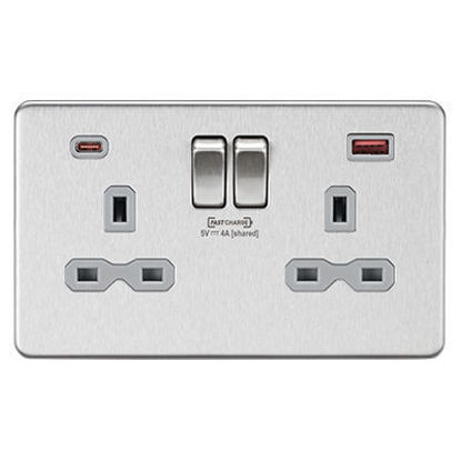 Picture of 13A 2G DP switched socket with dual USB charger A + C (FASTCHARGE) - Brushed chrome with grey insert