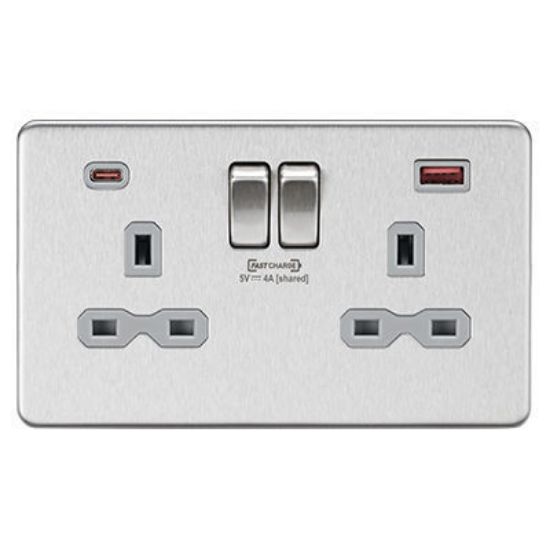 Picture of 13A 2G DP switched socket with dual USB charger A + C (FASTCHARGE) - Brushed chrome with grey insert