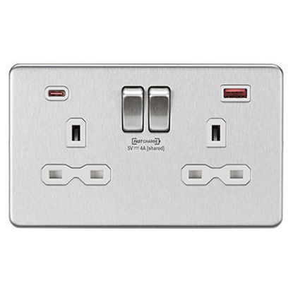 Picture of 13A 2G DP Switched Socket with Dual USB FASTCHARGE ports (A + C) - Brushed Chrome with white insert