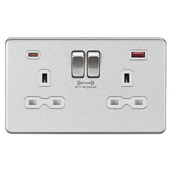 Picture of 13A 2G DP Switched Socket with Dual USB FASTCHARGE ports (A + C) - Brushed Chrome with white insert