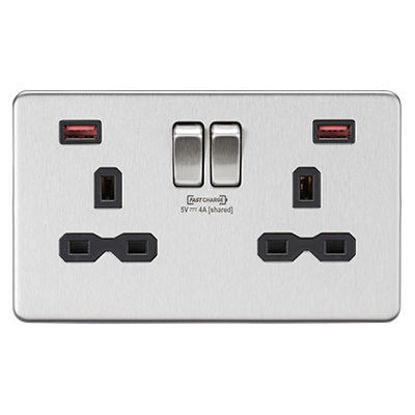 Picture of 13A 2G DP Switched Socket with Dual USB FASTCHARGE ports (A + A) - Brushed Chrome with black insert