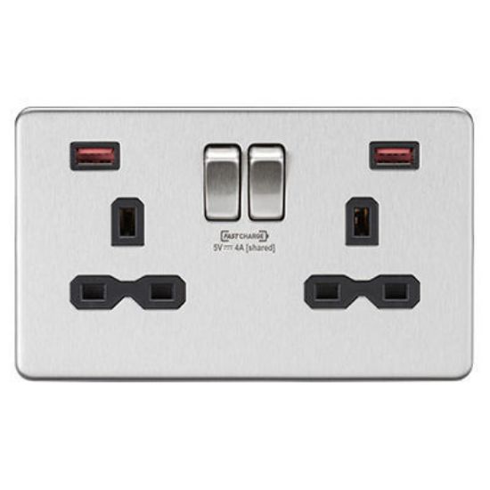 Picture of 13A 2G DP Switched Socket with Dual USB FASTCHARGE ports (A + A) - Brushed Chrome with black insert