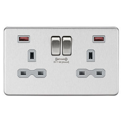 Picture of 13A 2G DP Switched Socket with Dual USB FASTCHARGE ports (A + A) - Brushed Chrome with grey insert