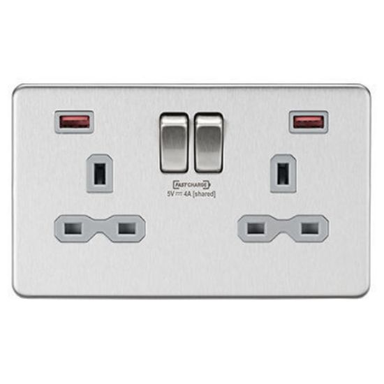 Picture of 13A 2G DP Switched Socket with Dual USB FASTCHARGE ports (A + A) - Brushed Chrome with grey insert