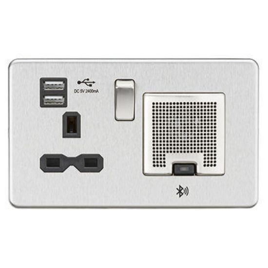 Picture of Screwless 13A socket, USB chargers (2.4A) and Bluetooth Speaker - Brushed chrome with black insert