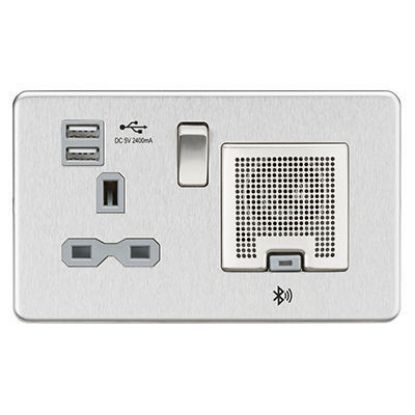 Picture of Screwless 13A socket, USB chargers (2.4A) and Bluetooth Speaker - Brushed chrome with grey insert