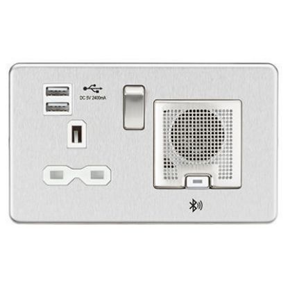 Picture of Screwless 13A socket, USB chargers (2.4A) and Bluetooth Speaker - Brushed chrome with white insert