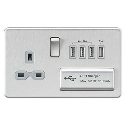 Picture of Screwless 13A switched socket with quad USB charger (5.1A) - brushed chrome with grey insert