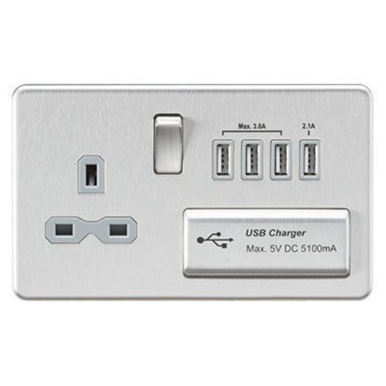 Picture of Screwless 13A switched socket with quad USB charger (5.1A) - brushed chrome with grey insert