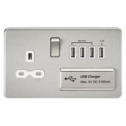 Picture of Screwless 13A switched socket with quad USB charger (5.1A) - brushed chrome with white insert