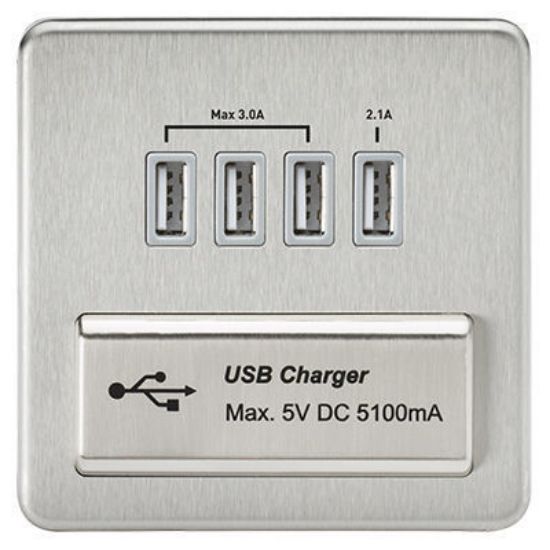 Picture of Screwless Quad USB Charger Outlet (5.1A) - Brushed Chrome with Grey Insert