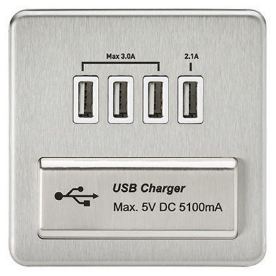 Picture of Screwless Quad USB Charger Outlet (5.1A) - Brushed Chrome with White Insert