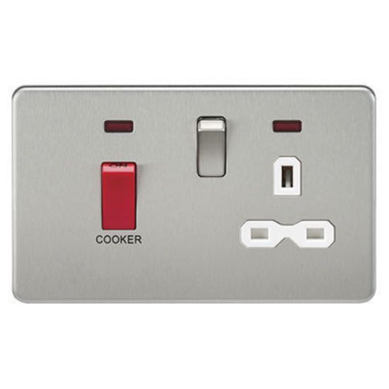 Picture of Screwless 45A DP switch and 13A switched socket with neons - brushed chrome with white insert