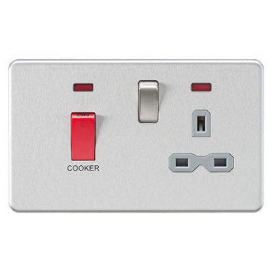 Picture of Screwless 45A DP switch and 13A switched socket with neons - brushed chrome with grey insert