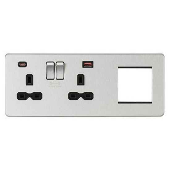 Picture of Screwless 13A 2G DP Socket with USB Fastcharge + 2G Modular Combination Plate - Brushed Chrome