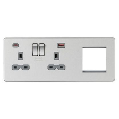 Picture of Screwless 13A 2G DP Socket with USB Fastcharge + 2G Modular Combination Plate - Brushed Chrome