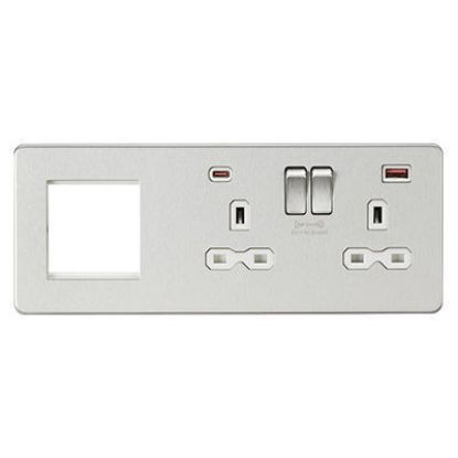 Picture of Screwless 13A 2G DP Socket with USB Fastcharge + 2G Modular Combination Plate - Brushed Chrome