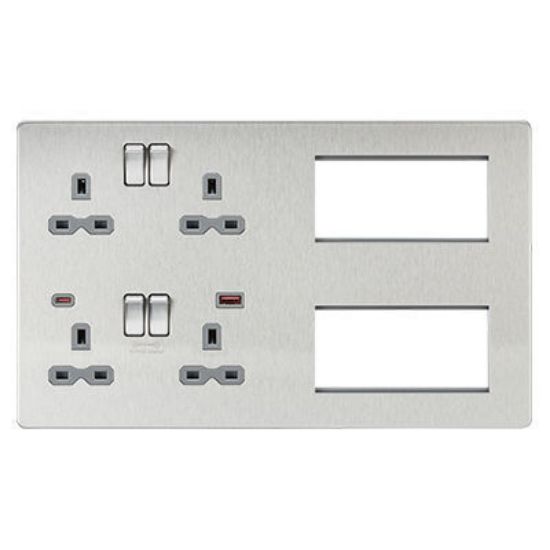 Picture of Screwless Combination Plate with Dual USB FASTCHARGE A+C - Brushed Chrome with grey insert