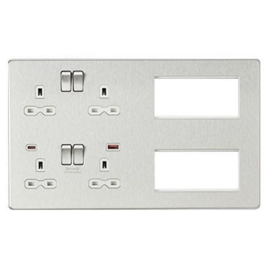 Picture of Screwless Combination Plate with Dual USB FASTCHARGE A+C - Brushed Chrome with white insert