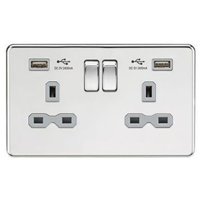 Picture of 13A 2G switched socket with dual USB charger A + A (2.4A) - Polished chrome with grey insert