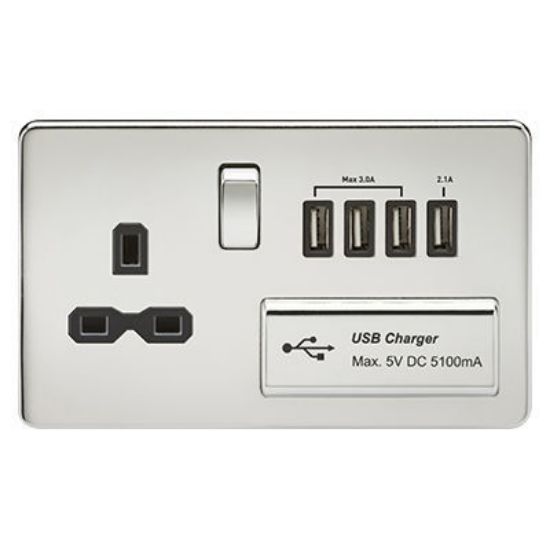 Picture of Screwless 13A switched socket with quad USB charger (5.1A) - polished chrome with black insert