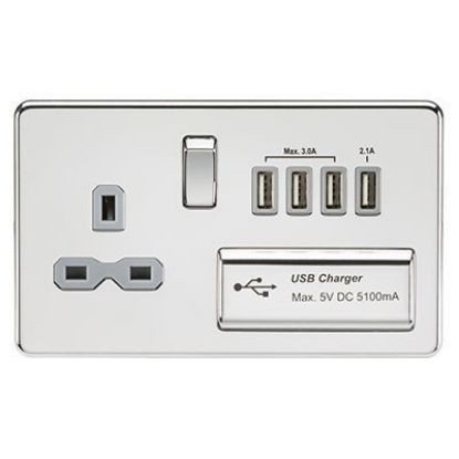 Picture of Screwless 13A switched socket with quad USB charger (5.1A) - polished chrome with grey insert