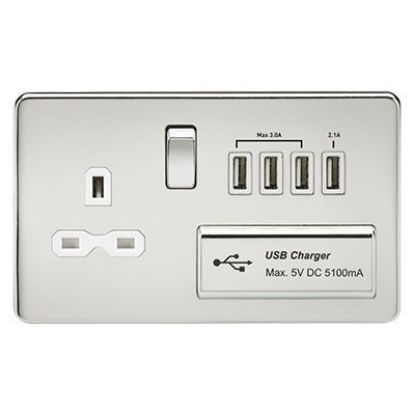 Picture of Screwless 13A switched socket with quad USB charger (5.1A) - polished chrome with white insert