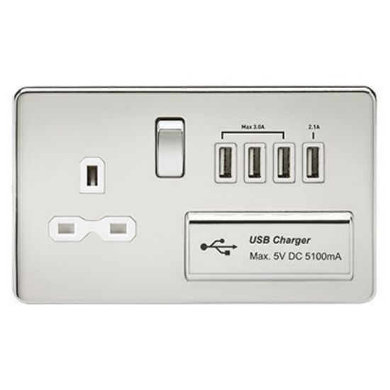 Picture of Screwless 13A switched socket with quad USB charger (5.1A) - polished chrome with white insert