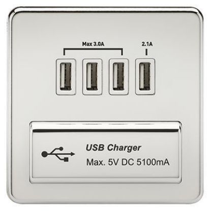 Picture of Screwless Quad USB Charger Outlet (5.1A) - Polished Chrome with White Insert