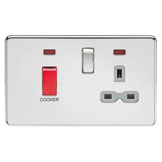 Picture of Screwless 45A DP switch and 13A switched socket with neons - polished chrome with grey insert