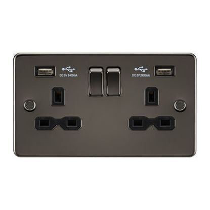 Picture of 13A 2G Switched Socket with Dual USB Charger A + A (2.4A) - Gunmetal with Black Insert