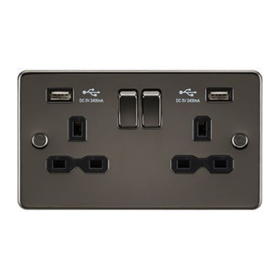 Picture of 13A 2G Switched Socket with Dual USB Charger A + A (2.4A) - Gunmetal with Black Insert