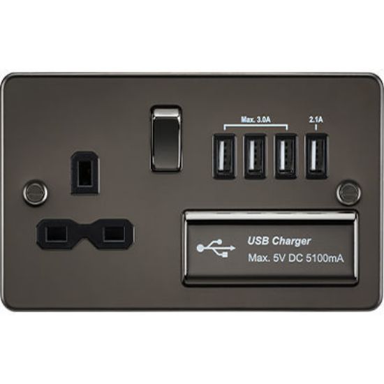 Picture of Flat Plate 13A Switched Socket with Quad USB Charger - Gunmetal with Black Insert