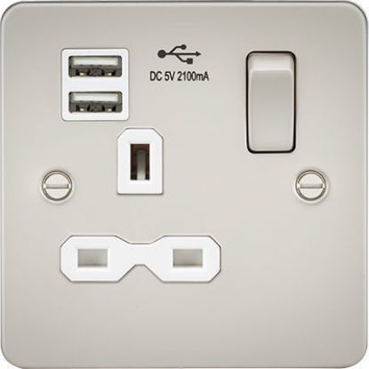 Picture of Flat Plate 13A 1G Switched Socket with Dual USB charger (2.1A) - Pearl with White Insert