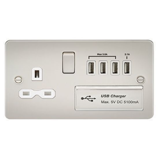 Picture of Flat plate 13A switched socket with quad USB charger - pearl with white insert