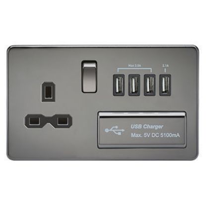 Picture of Screwless 13A Switched Socket with Quad USB Charger (5.1A) - Black Nickel with Black Insert