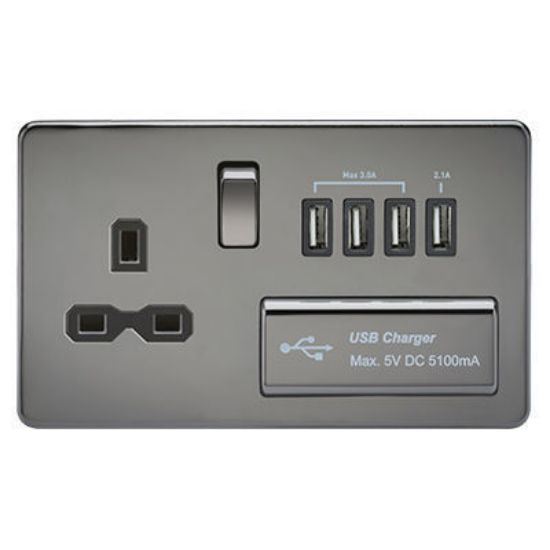 Picture of Screwless 13A Switched Socket with Quad USB Charger (5.1A) - Black Nickel with Black Insert