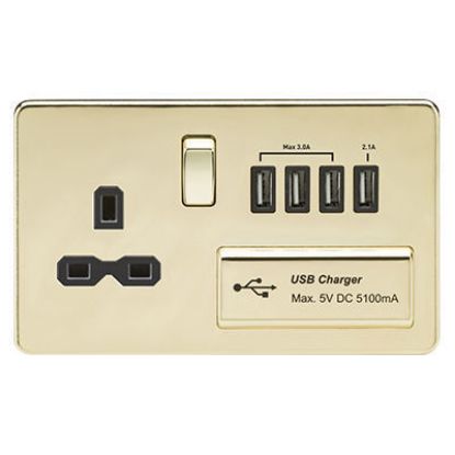 Picture of Screwless 13A Switched Socket with Quad USB Charger (5.1A) - Polished Brass with Black Insert