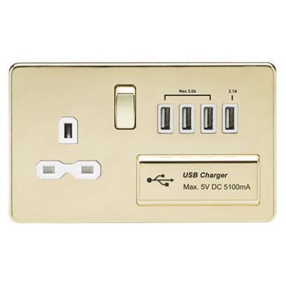 Picture of Screwless 13A Switched Socket with Quad USB Charger (5.1A) - Polished Brass with White Insert