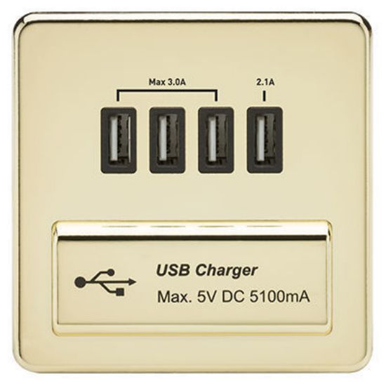 Picture of Screwless Quad USB Charger Outlet (5.1A) - Polished Brass with Black Insert