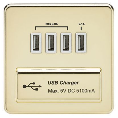 Picture of Screwless Quad USB Charger Outlet (5.1A) - Polished Brass with White Insert