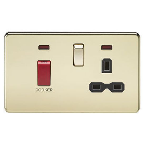 Picture of Screwless 45A DP switch and 13A Switched Socket with Neons - Polished Brass with Black Insert