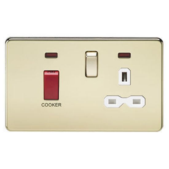 Picture of Screwless 45A DP Switch and 13A Switched Socket with Neons - Polished Brass with White Insert