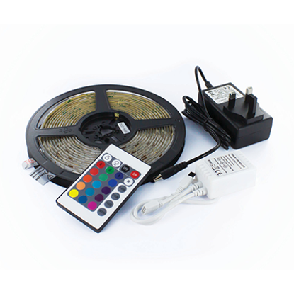Picture of 7.2W/M 12V IP65 5 Metre RGB Plug & Play LED Strip with IR Controller and IP20 UK Plug Adaptor