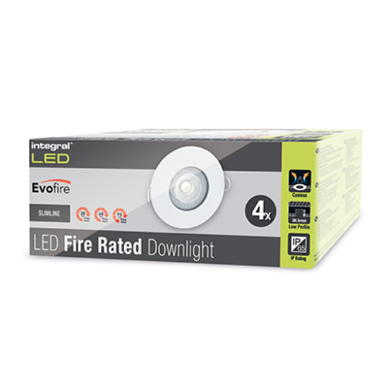 Picture of Evofire Fire Rated Downlight 70mm Cutout IP65 White Round + GU10 Holder - Pack of 4