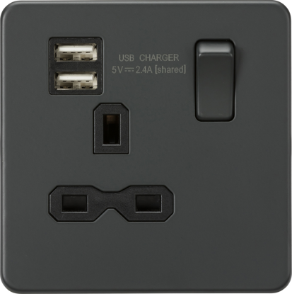 Picture of Screwless 13A 1G switched socket with dual USB charger (2.4A) - Anthracite
