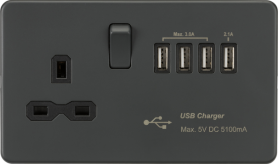 Picture of Screwless 13A switched socket with Quad USB charger (5.1A) - Anthracite