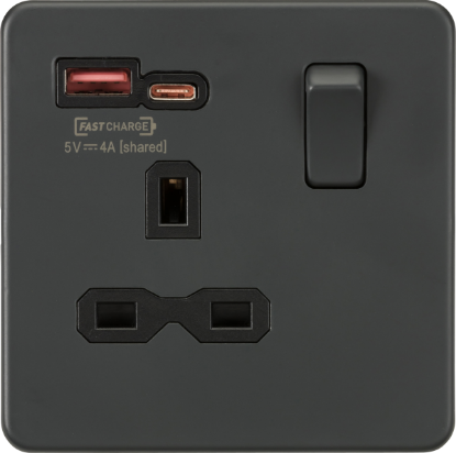 Picture of 13A 1G Switched Socket with dual USB [FASTCHARGE] A+C - Anthracite