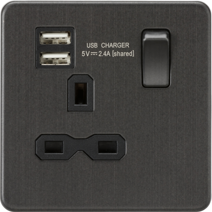 Picture of Screwless 13A 1G switched socket with dual USB charger (2.4A) - Smoked Bronze