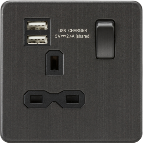 Picture of Screwless 13A 1G switched socket with dual USB charger (2.4A) - Smoked Bronze